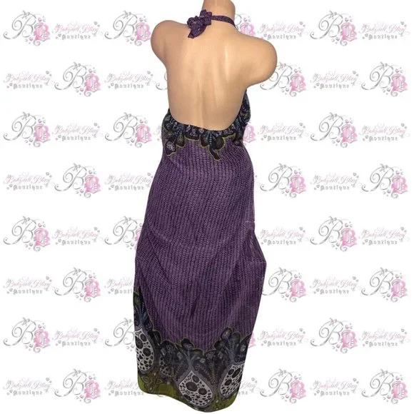 Wicked dress paisley print purple green blue white long maxi halter padded top - Picture 11 of 12
